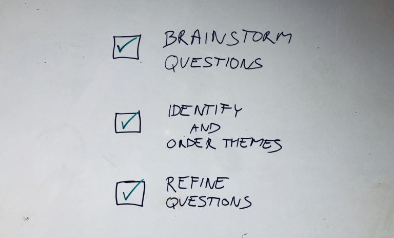 prepare for an interview, whiteboard, Brainstorm questions, Identify and order themes, Refine questions